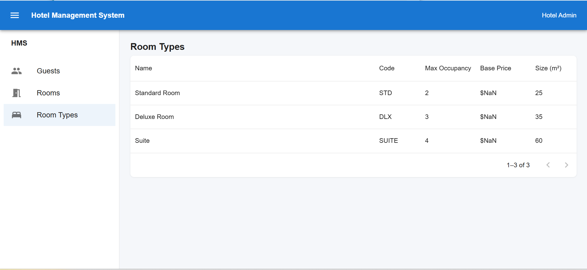 Hotel room type management screen