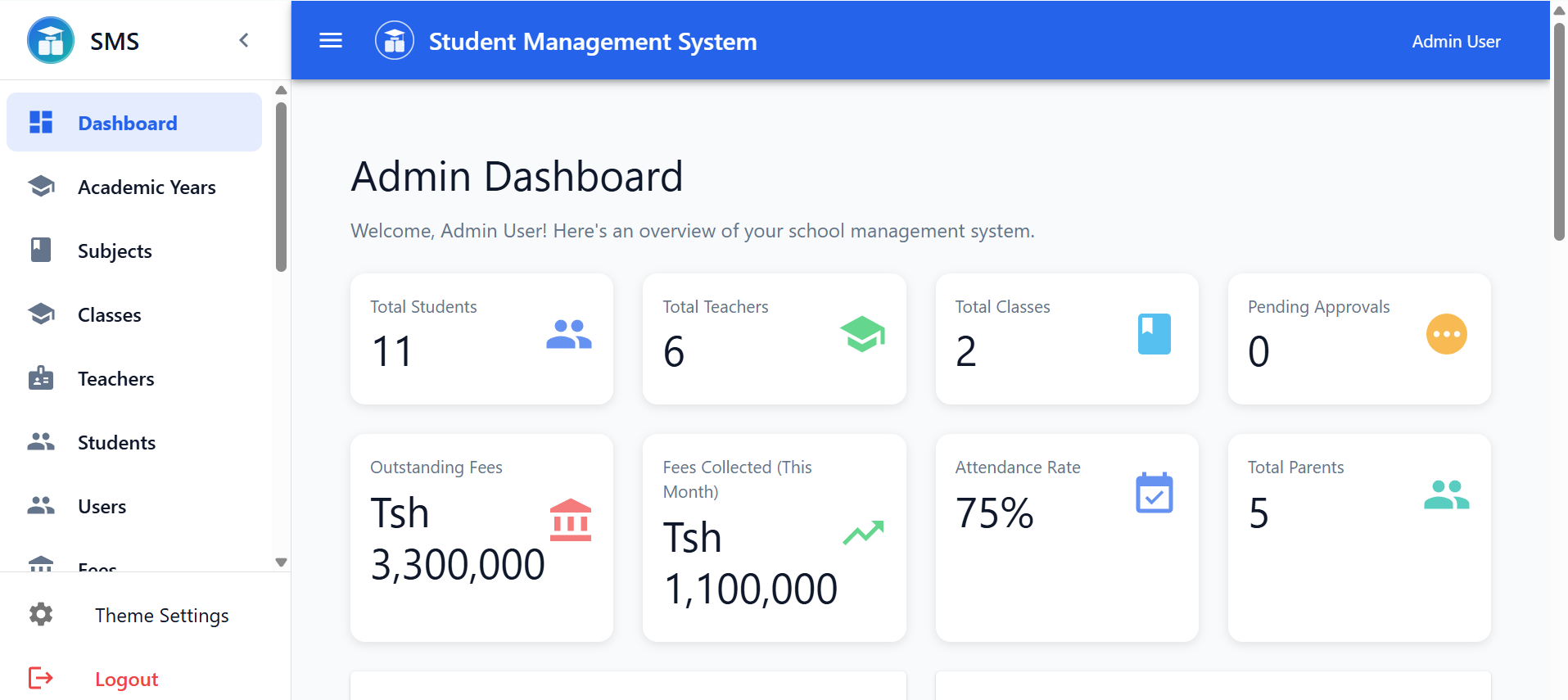 School Management overview dashboard