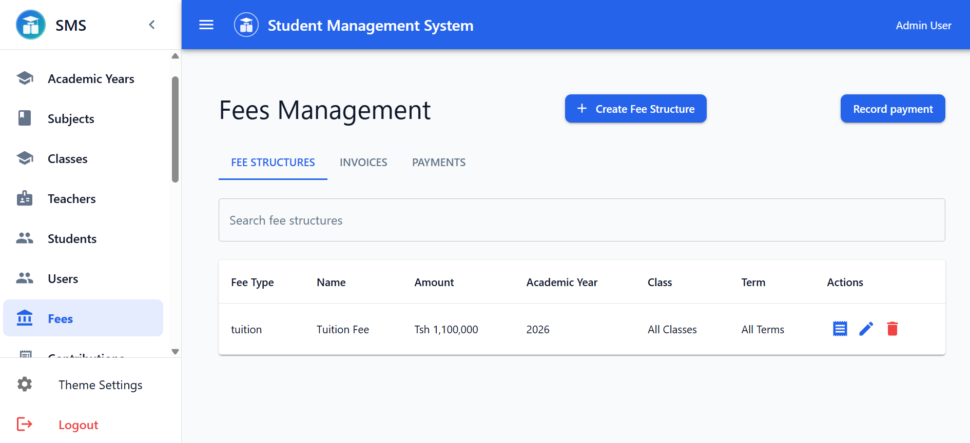 School fees management screen