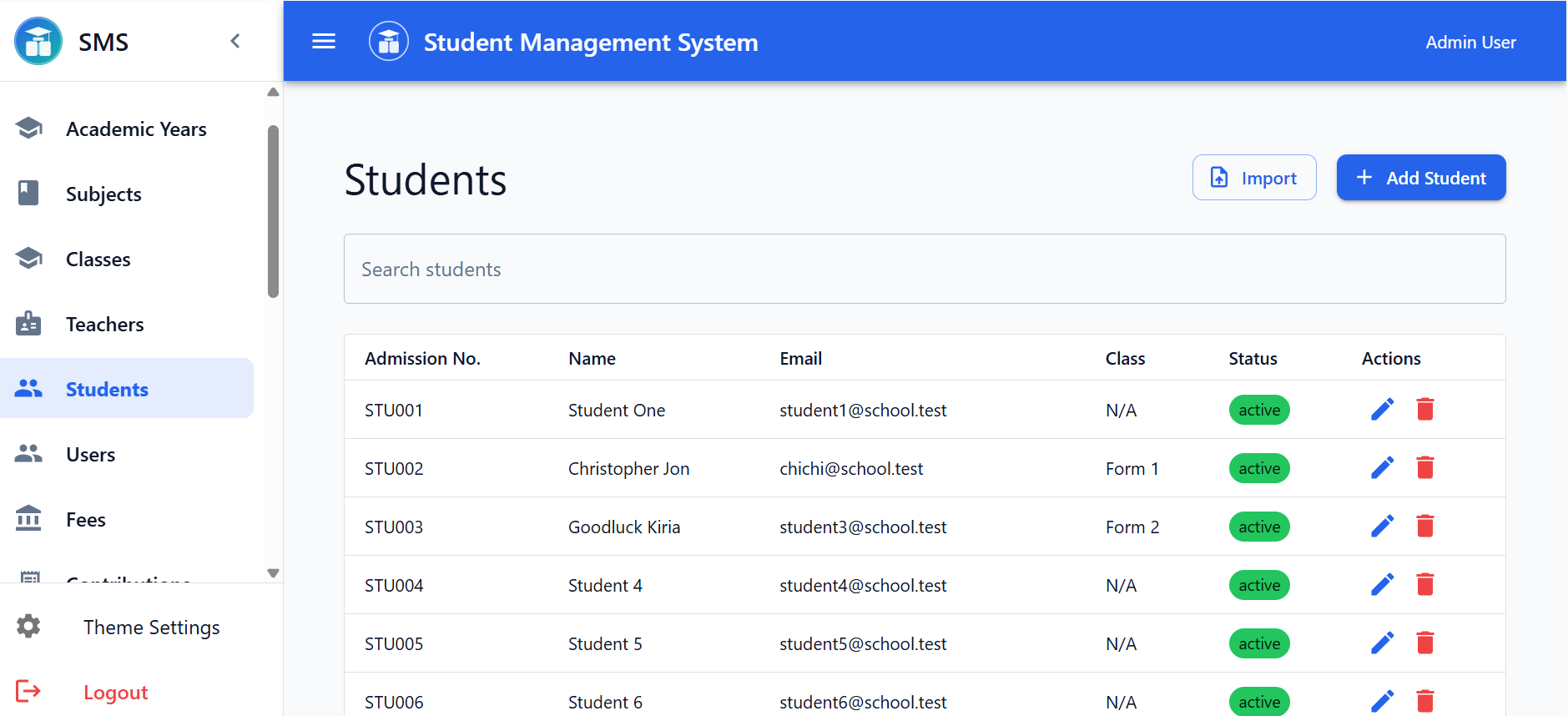 Student records management screen